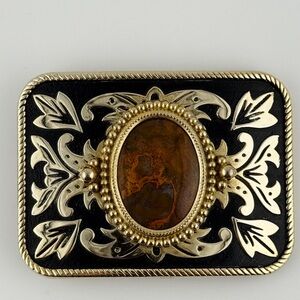Western Rectangle Belt Buckle Brown Stone Gold Black Floral